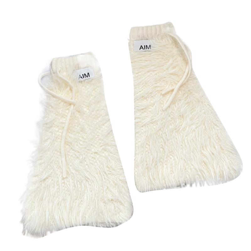 Womens Y2K Girls Winter Furry Leg Warmer wtih Drawstring Harajuku Letter Label Furry Plush Flared Boot Cover Long Socks