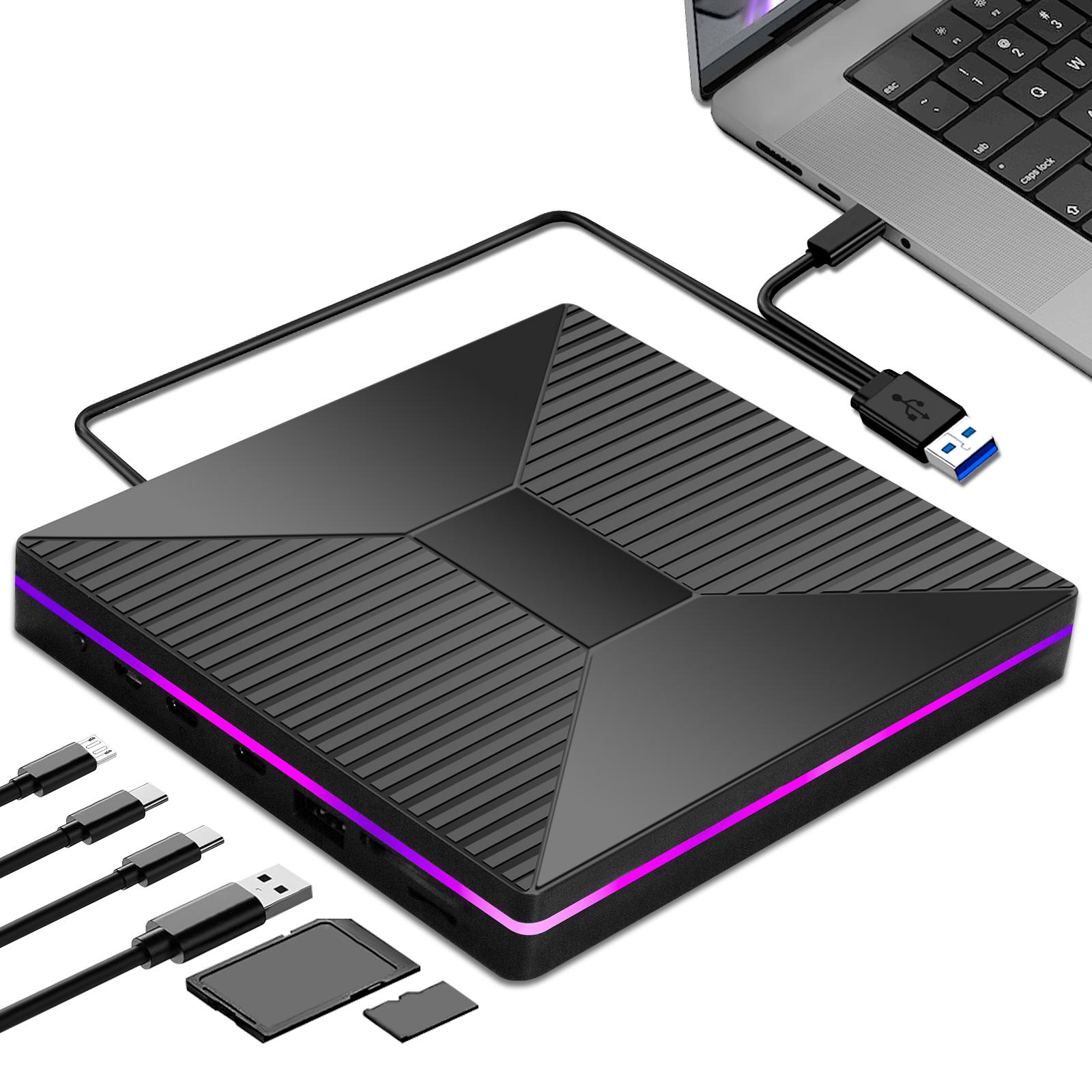 

LJIAL RGB External CD DVD Drive with 4 USB Ports and 2 TF/SD Card Slots,USB 3.0 Type-C Portable CD/DVD Player Burner for Laptop