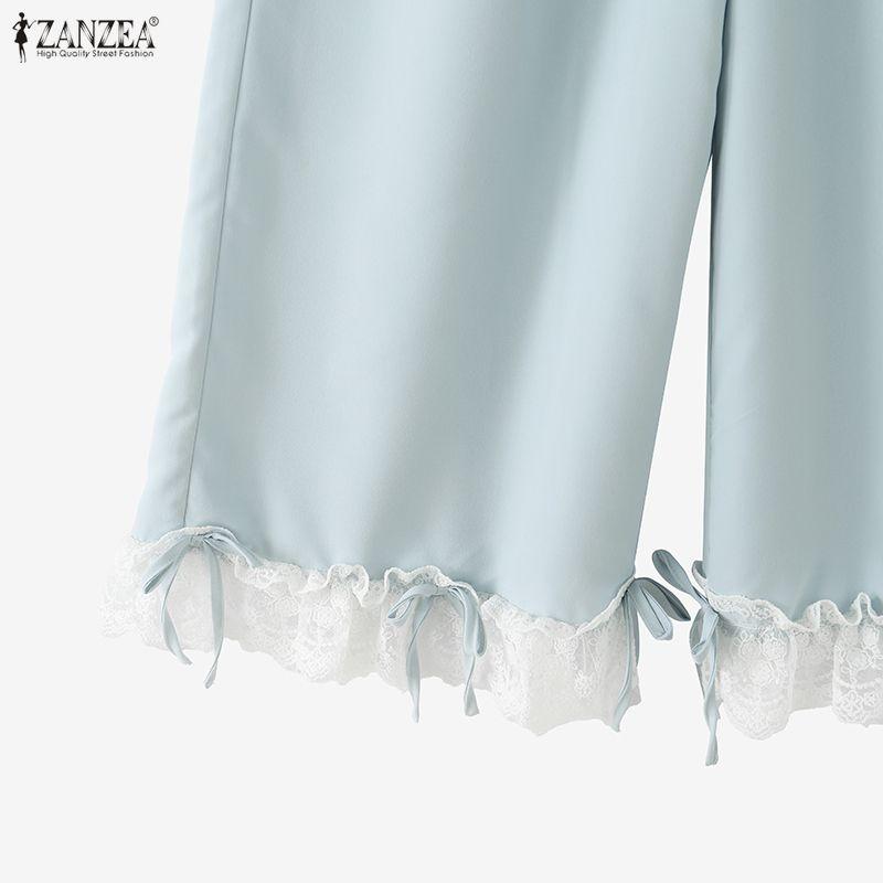 ZANZEA Women Casual Elastic Waist Loose Casual Lace Splice Cropped Pants