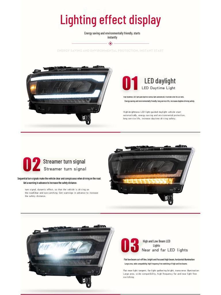 Dodge Ram 1500 LED Headlight Assembly with Sequential Turn Signal and Daytime Running Light
