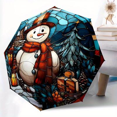1pc Winter Snowman Automatic Open/close Umbrella, 8-Rib Sturdy Structure, Portable Travel Umbrella, Parties, Everyday Use, Outdoor Accessory