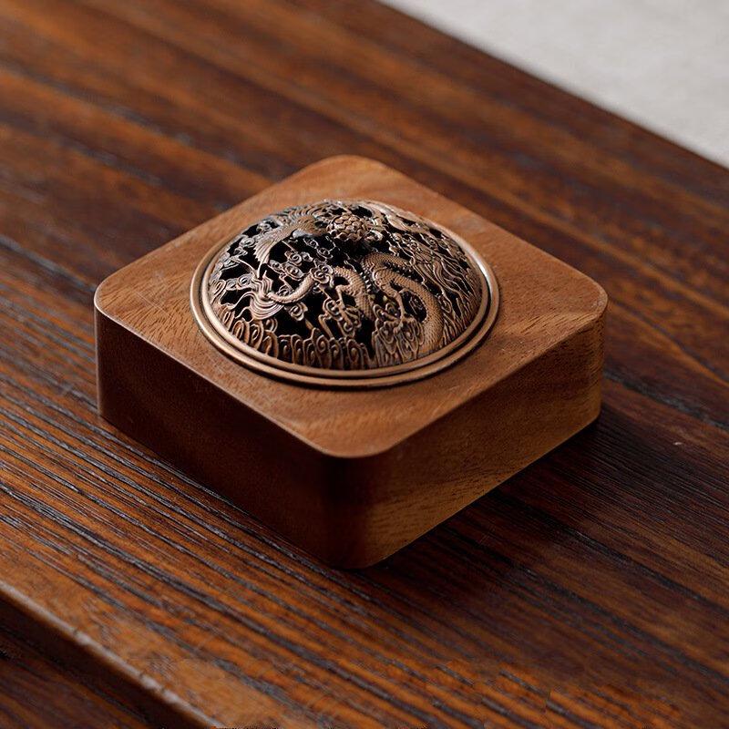 

Walnut Zen Incense Burner with Dragon & Phoenix Lid