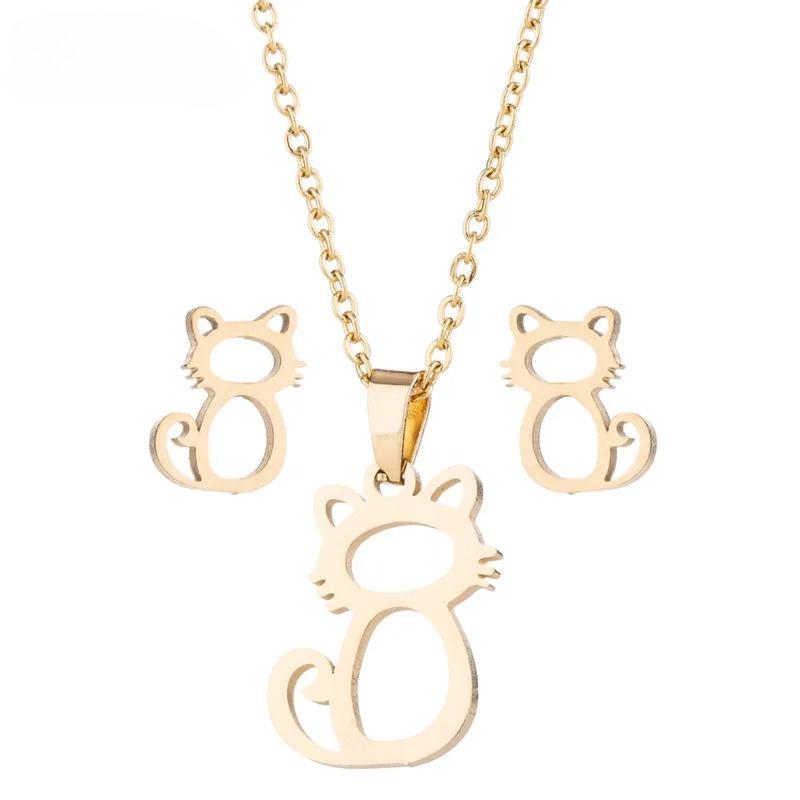 Härligt Guld Färg Kattunge Katt Rostfritt Stål Smyckesset Halsband Herr Collares Mode Ihåligt Kattörhänge Halsband Tass Smycken