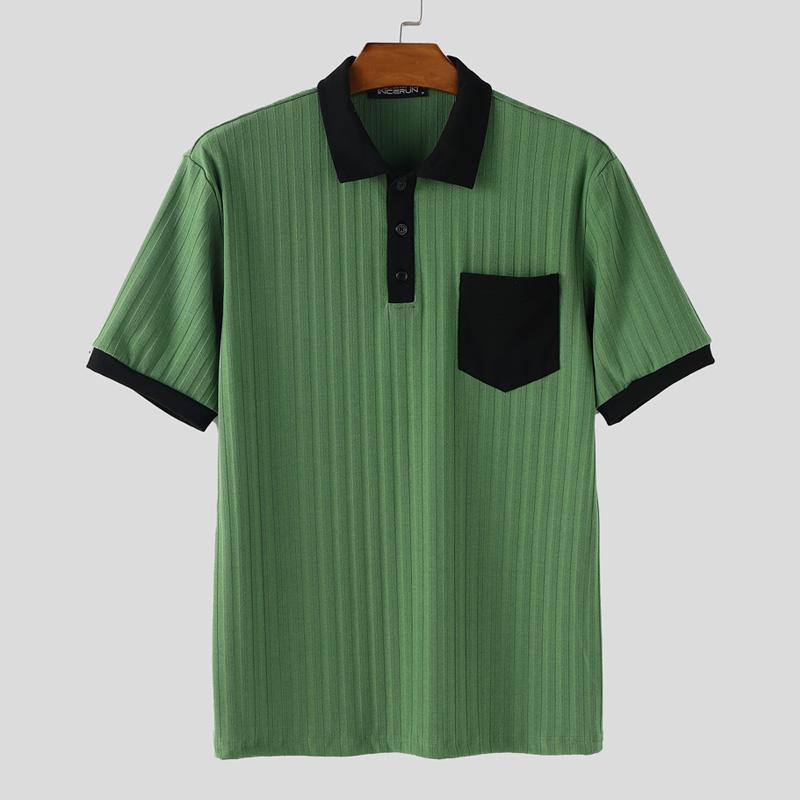 

INCERUN Men Turn-down Collar Short Sleeve Stitching Rib Casual T-shirts Tops L зелёный