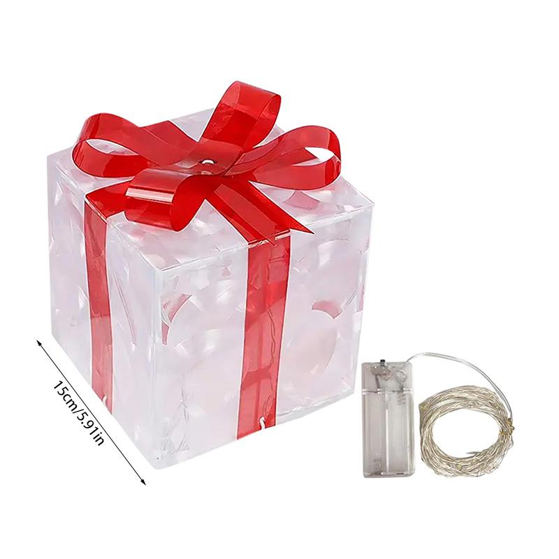 Christmas Lighted Gift Box With Bow Transparent LED Warm White Box Lights for Indoor Holiday Home Decoration Xmas Tree Ornaments