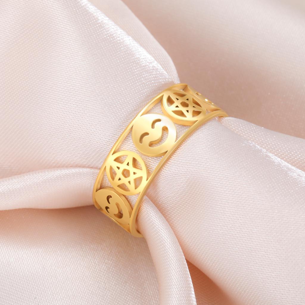 Lemegeton Pentagram Smile Symbol Rings Stainless Steel Fashion Geometric Rings for Women Men Good Lucky Jewelry Gift Wholesale