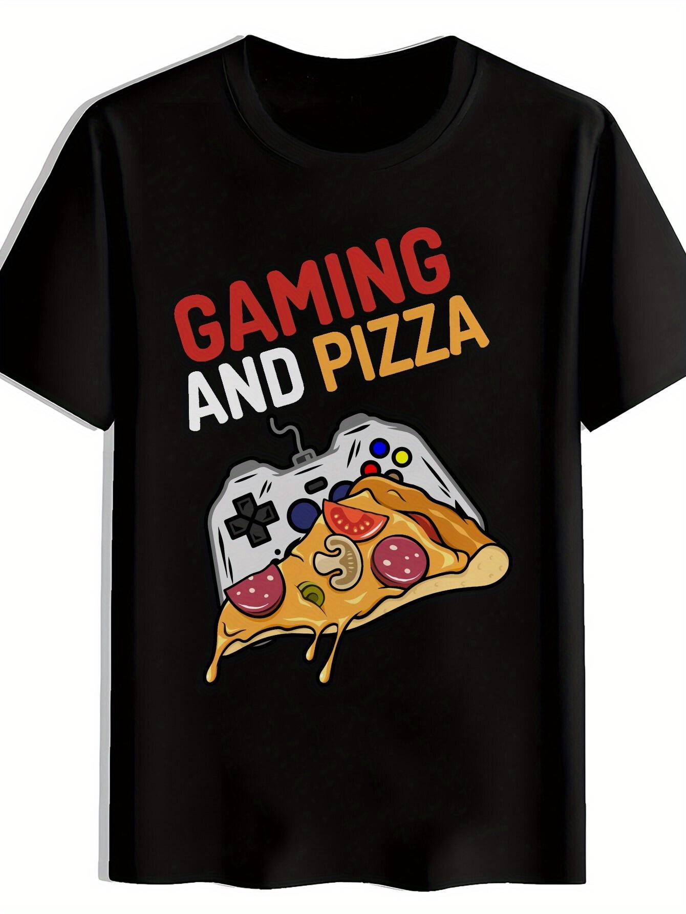 T-shirt Casual Gaming & Pizza Graphic - Red & Yellow Striped Background XXXL
