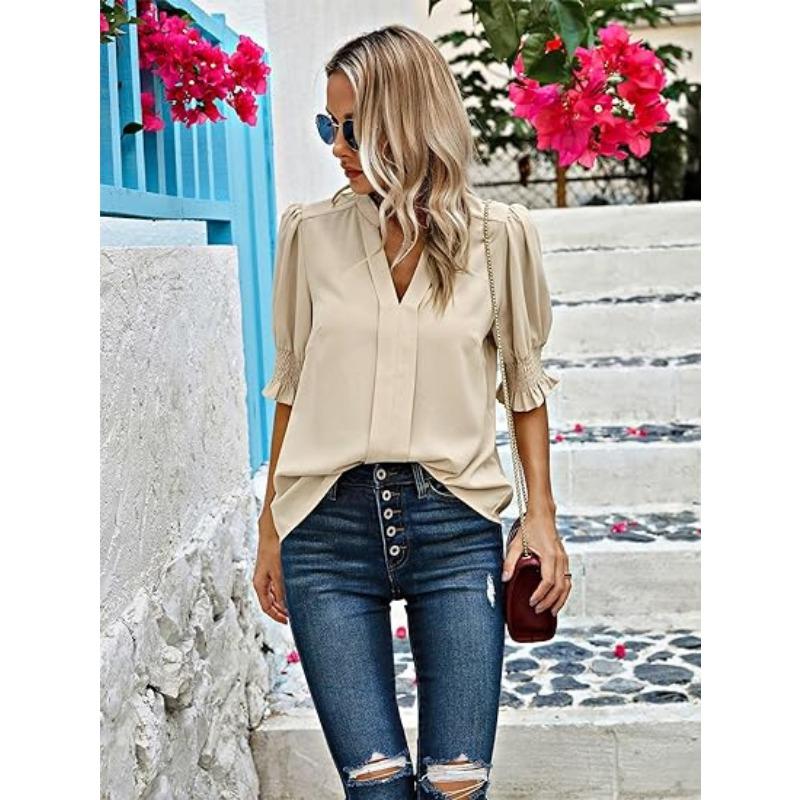 

Женская летняя рубашка с V-образным вырезом и рукавами-фонариками, однотонная, с короткими рукавами, топы, блузки и рубашки XXL абрикосовый