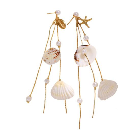 1 Pair Women Earrings, Long Tassel Shell Conch Starfish Design Drop Earrings, Imitation Pearls Earrings for Beach Vacation Jewelry