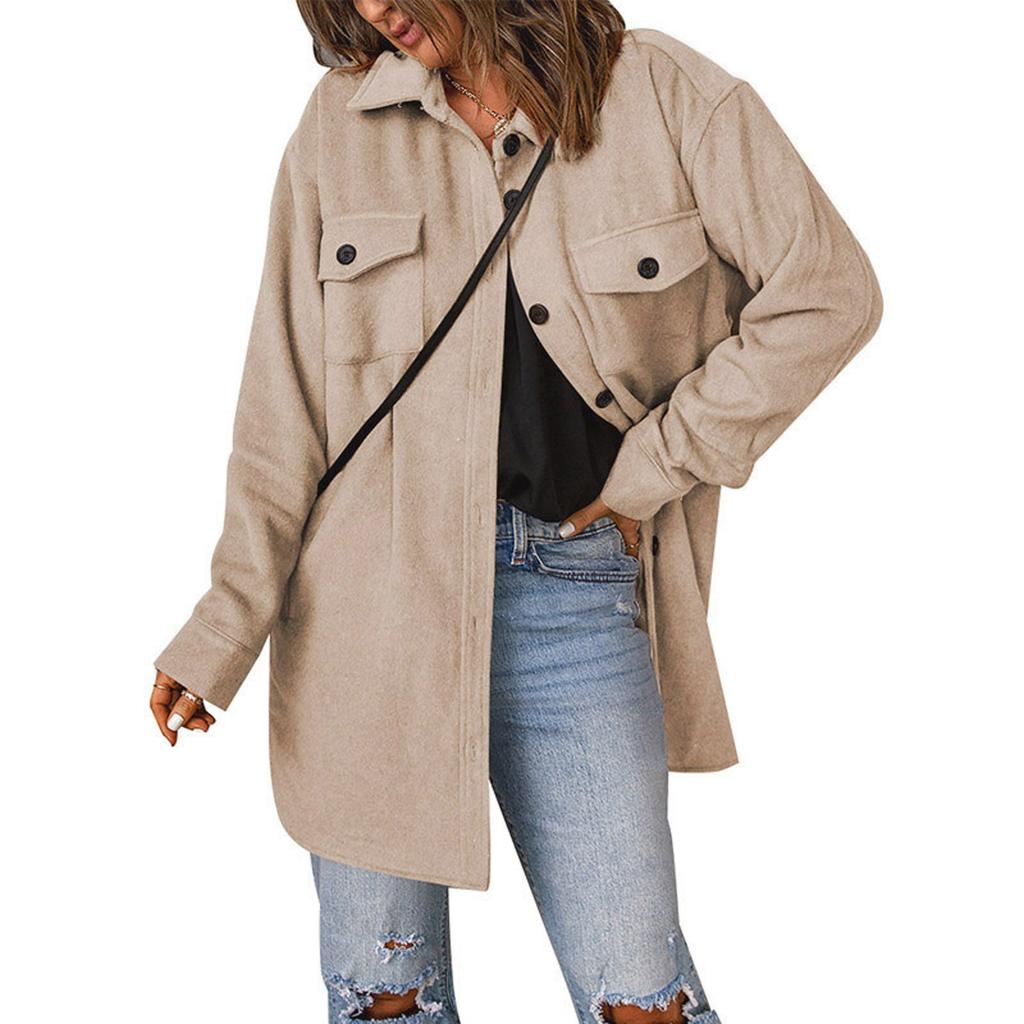 Fashion Women Fall And Winter Solid Color Button Coat Jacket Casual Loose Fleece Sweater Coat