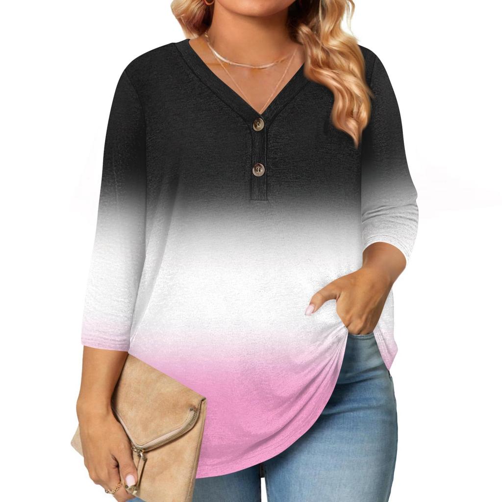 3/4 Length Sleeve Womens Tops Plus Size Button Down V Neck Shirts Blouses Casual Print Loose