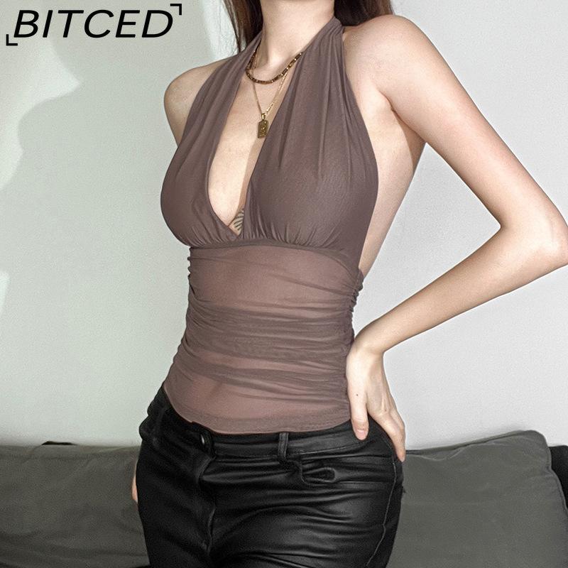 BITCED Spring Women's Solid-Color Slim-Fit Streetwear Fashion Halter Neck Sexy Backless Tank Top