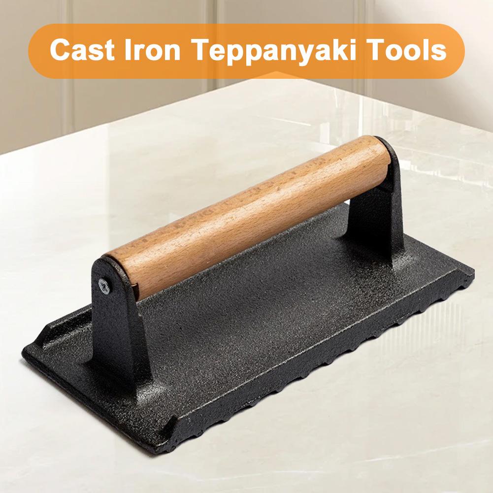 Cast Iron Round Heavy-Duty Steak Burger Press with Wooden Handle Kitchen Heavy Flat Steak Bacon Beef Press Hamburger Meat Press