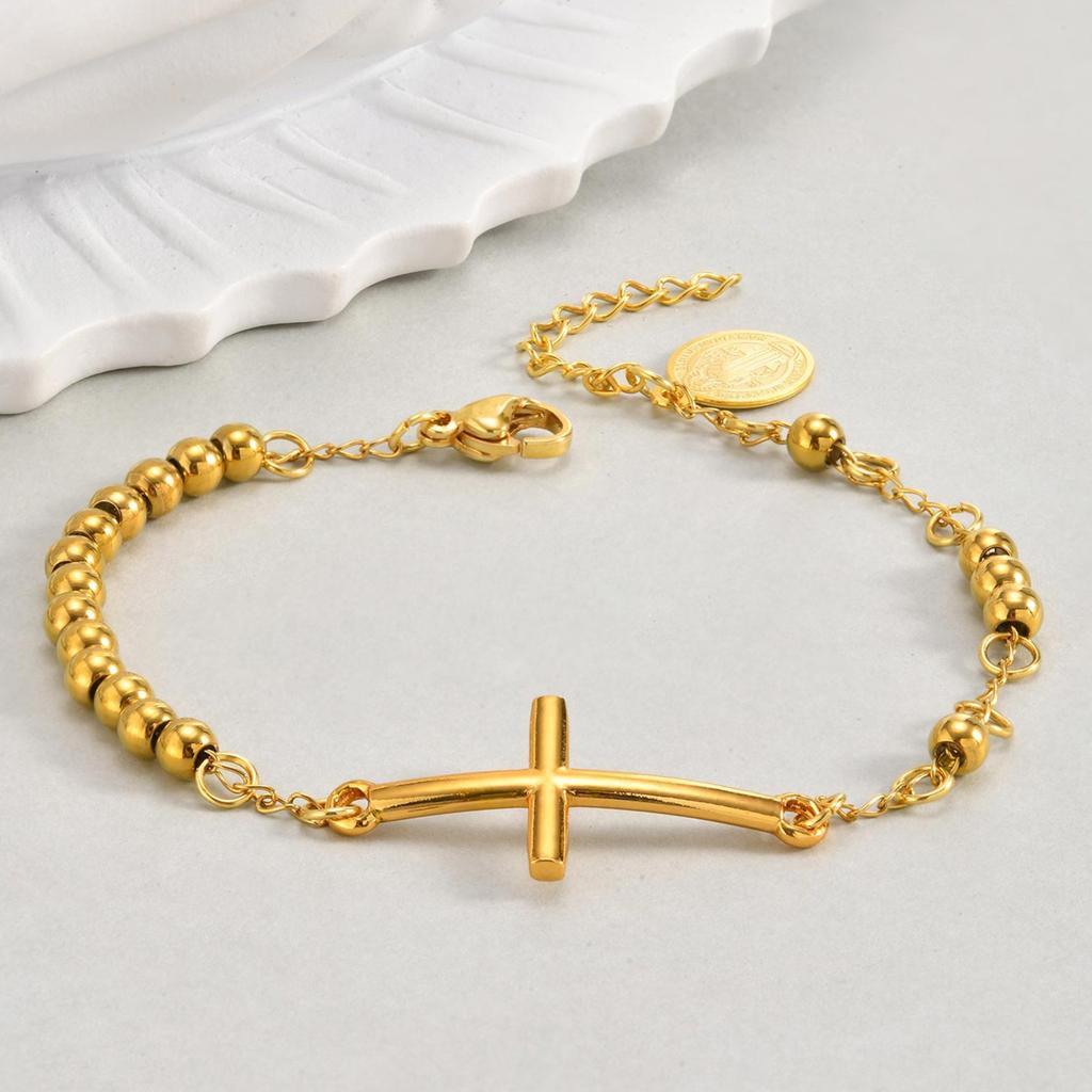 Vnox Stainless Steel Rosary Bracelet With Virgin Mary Bar, Beads Chain Cross Bracelets For Women, Prayer Faith Jewelry Gift