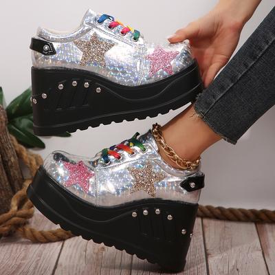 Sneakers Chunky in Pelle Verniciata Argento Donna Gotico Fondo Spesso Scarpe Vulcanizzate Donna Punk Zeppa Piattaforma Scarponcini da Combattimento