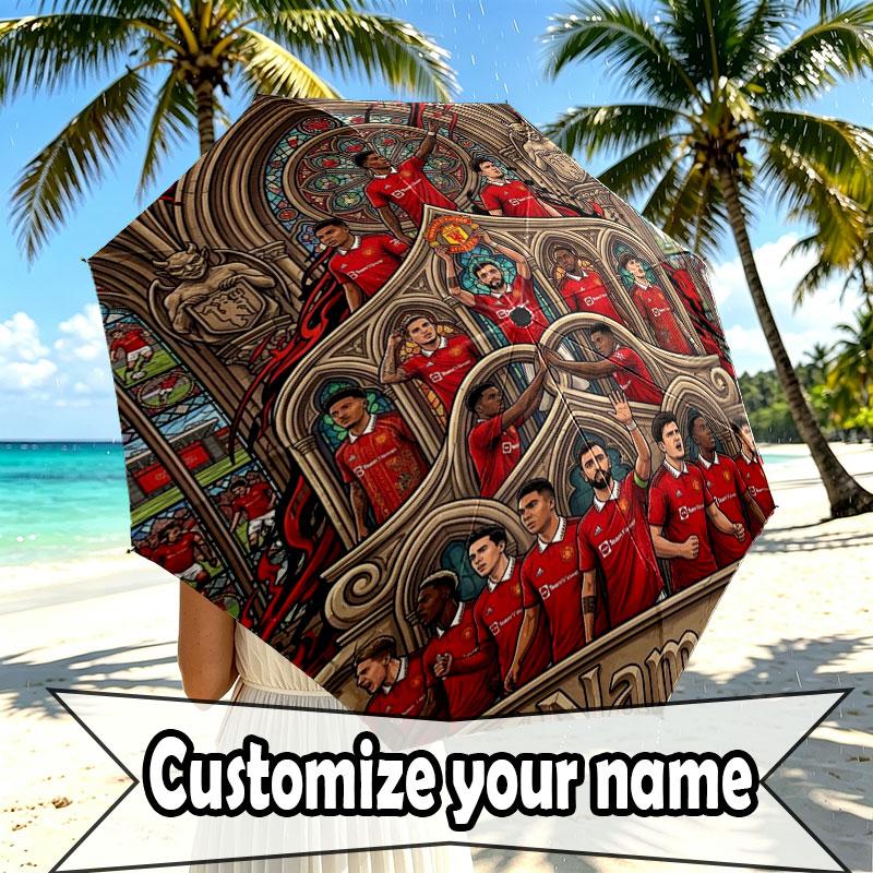 Custom Name Personalized Manchester United Print Umbrella, Auto Open Close, 8‑Rib Sturdy Frame, Commute Camping Hiking Use, Birthday Gift