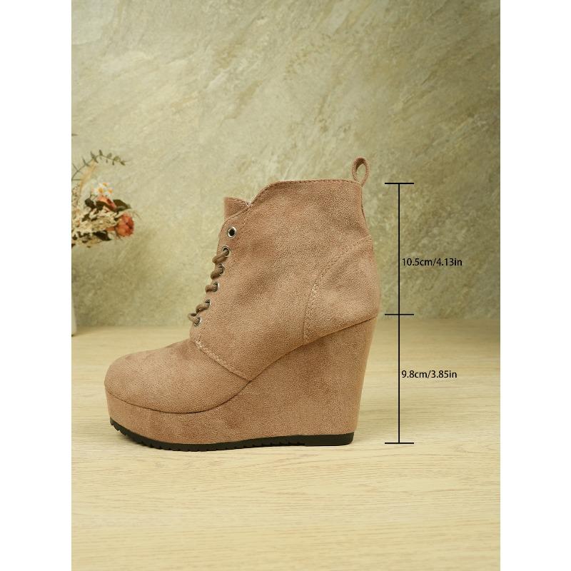 European and American Large Size Suede Lace-up Wedge Heel and Naked Short Boots Women's Winter Velvet Warm Wedge Heel Martin Boots