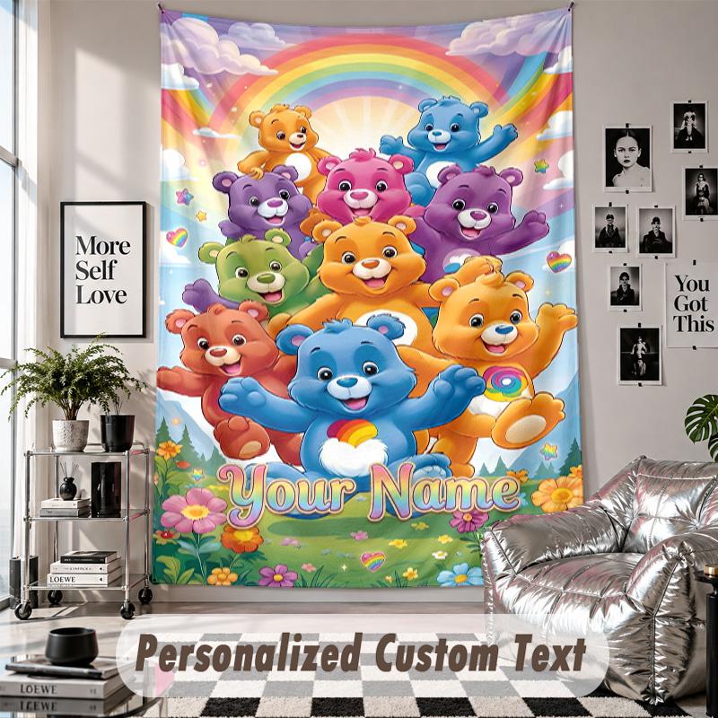 Wall Hanging Tapestry With Custom Name & Text, Care Bears Decorative Tapestry For Bedroom