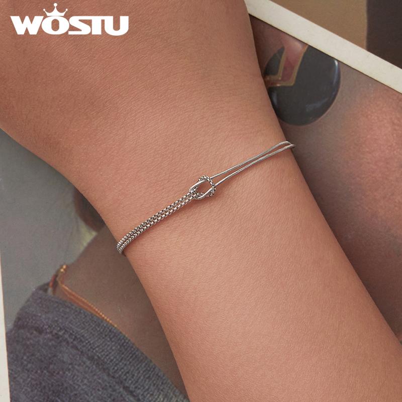 WOSTU Real 925 Sterling Silver Love Knot Bracelets for Women Couple s925 Silver Cube punk Chain Charm Bracelet