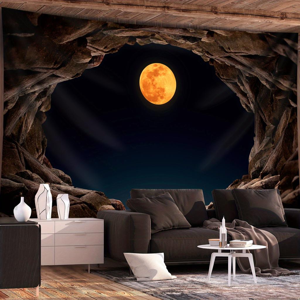 Ultra Large Abstract Moon Cave Landscape Tapestry, Polyester Wall Art With Hand Stitched Edges For Modern Home Office Decor
