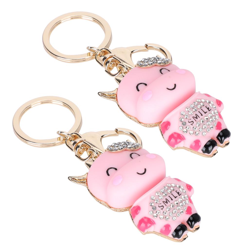 2Pcs Keychain Pendant Cartoon DiamondStudded Resin Small Cow Shape Metal Key   Decoration(White )