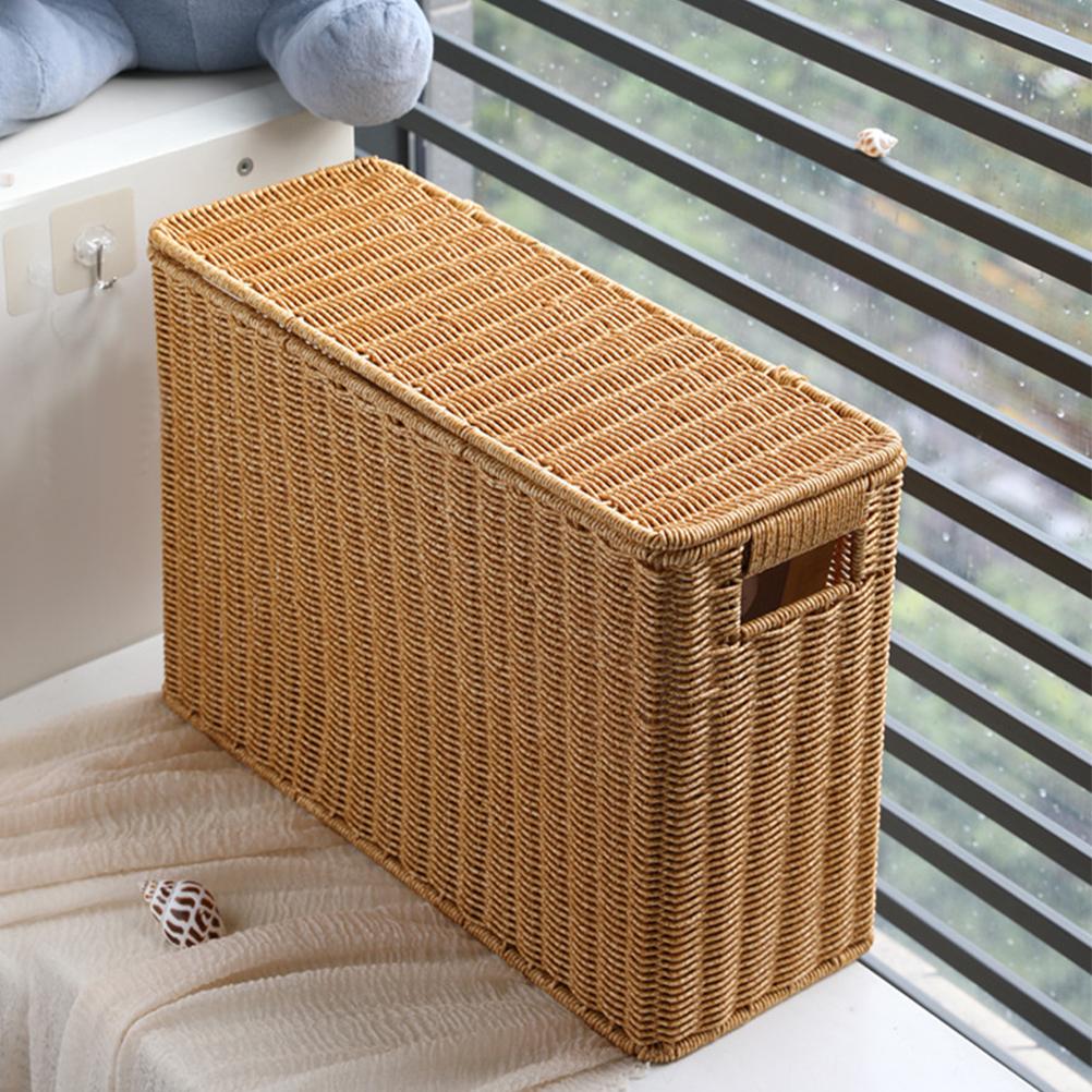 Narrow and Tall Storage Box with Lid Vegetable Basket Weave Sundries Baskets Garbage Bin Toys Organizer Can Weaving Tabletop