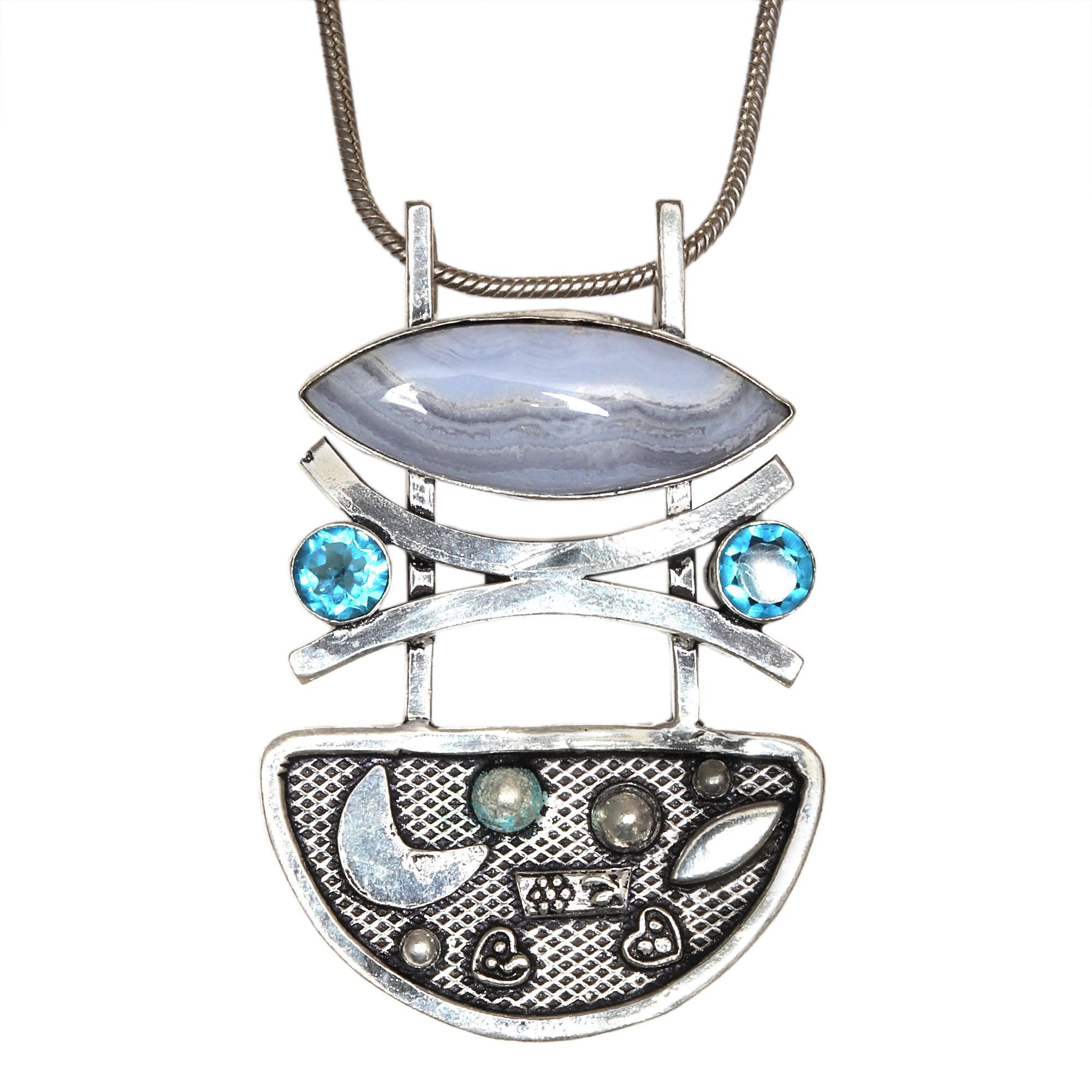 

Blue Lace Agate London Blue Mother s Day Silver Jewelry Pendant 2.25