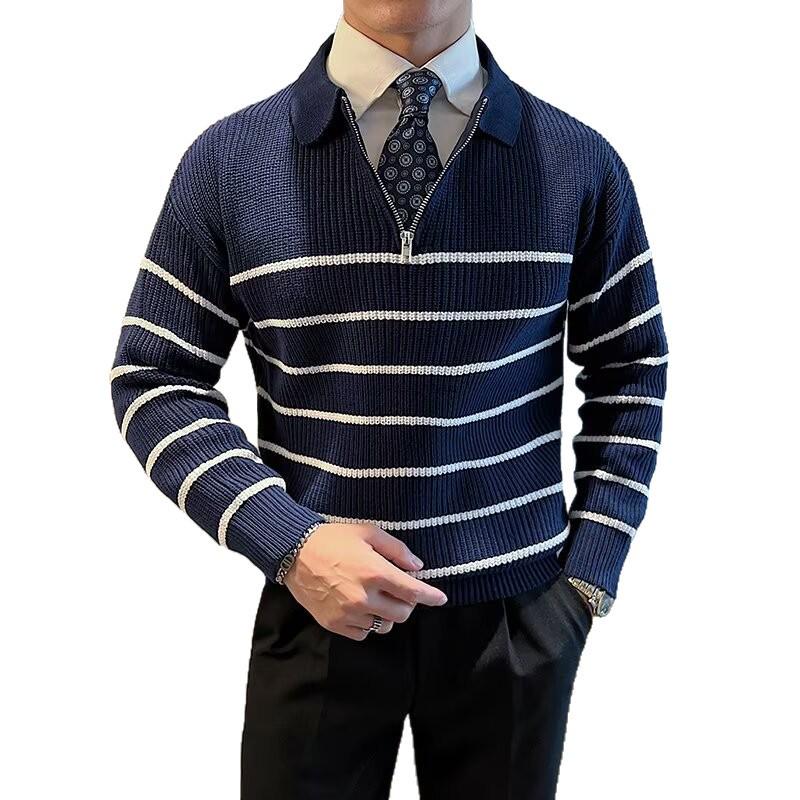 Men's Design-Inspired Half-Zip Striped Sweater: Autumn/Winter Casual Long-Sleeve Knitwear with Loose Lapel