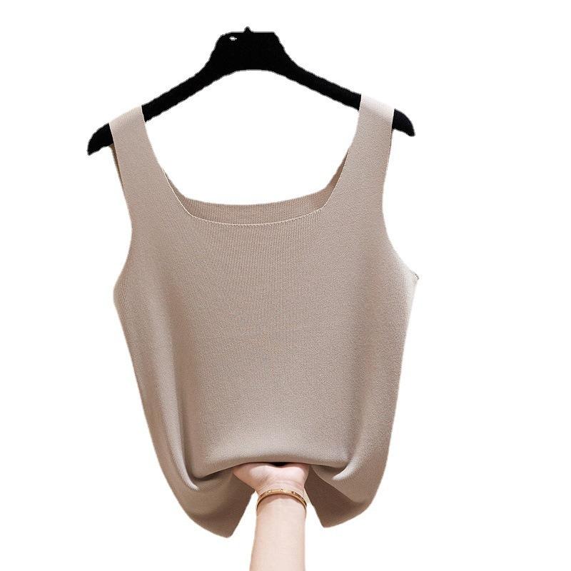 Ice silk suspender vest women's inner cover breast outer wear temperament I-shaped square collar top sleeveless knitted bottoming shirt summer