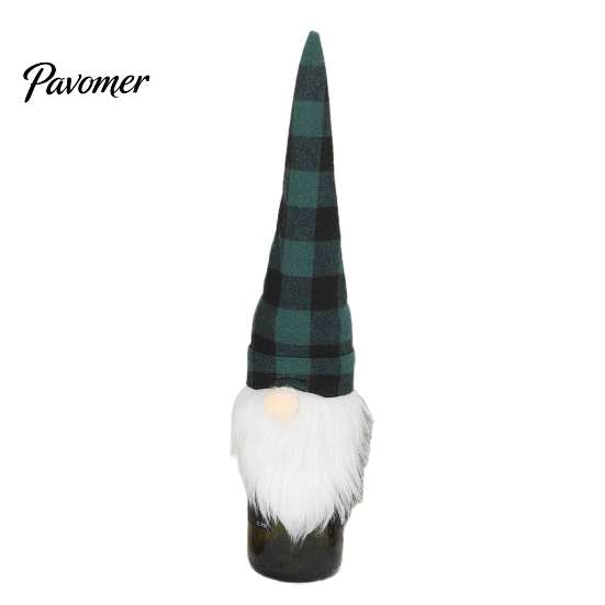 Cute Santa Gnome Ornament Christmas Wine Bottle Cover, Fluffy Artificial Beards Decor, Plaid Festive Kitchen Counter Decor Toppers for Holiday