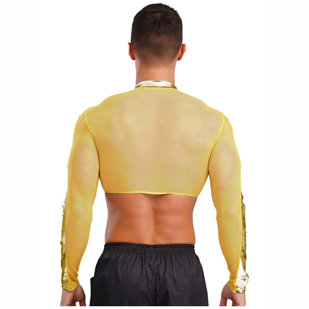 Men Mesh See Through Top Crew Neck Long Sleeve Front Zipper Half Shirt Breathable Metallic Club Top