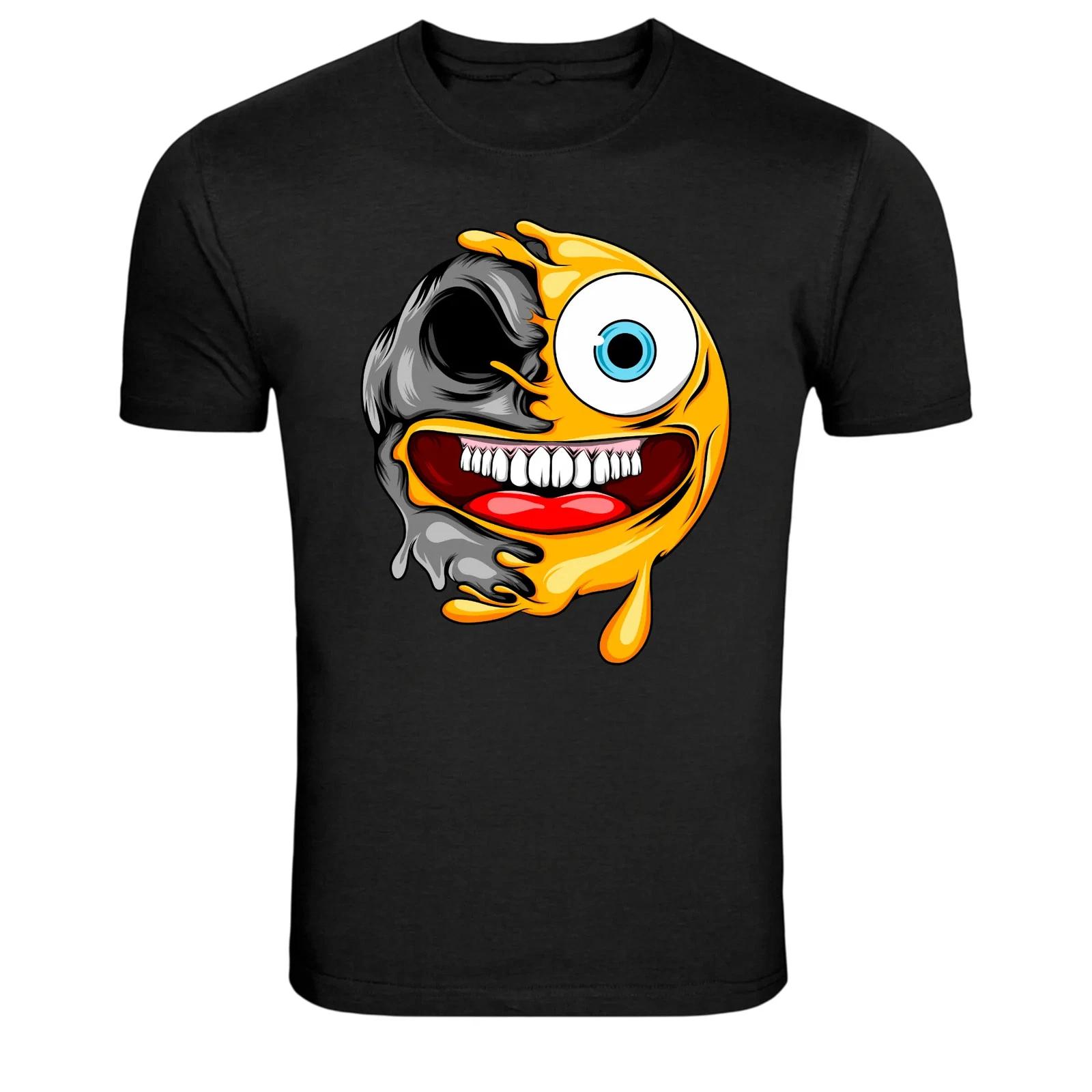 Half Skull Happy Cartoon Emoji Skull Graphic T-Shirt M