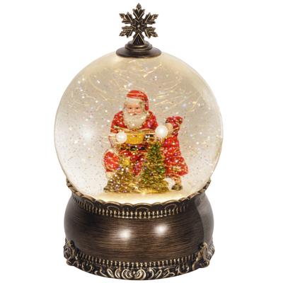 Kerst sneeuwbol met muziek en lichtjes Kerstman en kind tafereel voor kerstdecoratie feestcadeau brons