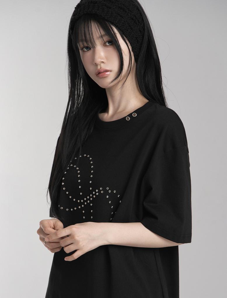Lupeu Eyelet Stud Oversized Short Sleeve Tee Black
