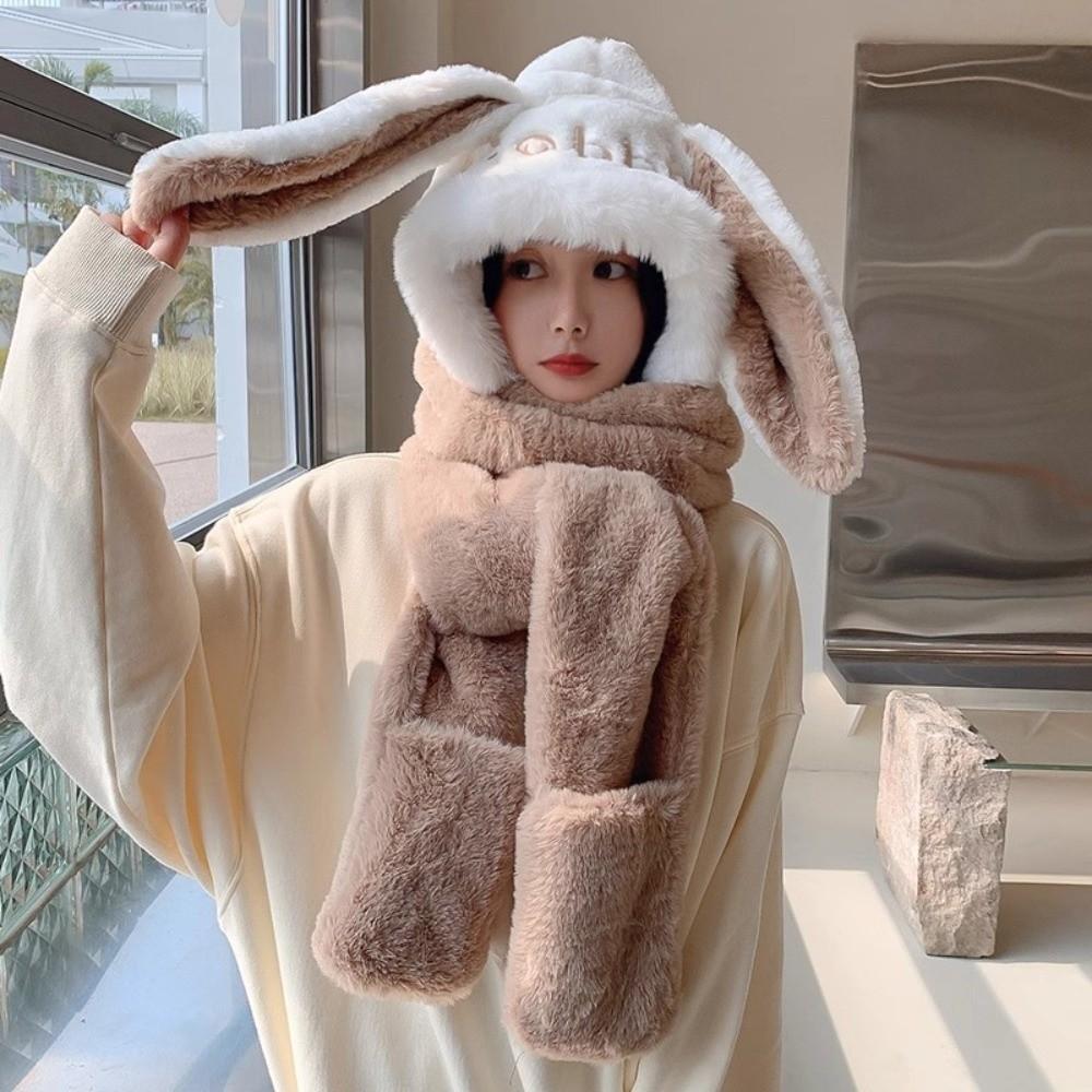 Thicken Plush Scarf Hat Gloves Set Keep Warm Plush Scarf Cute Hooded Scarf  Women Girls
