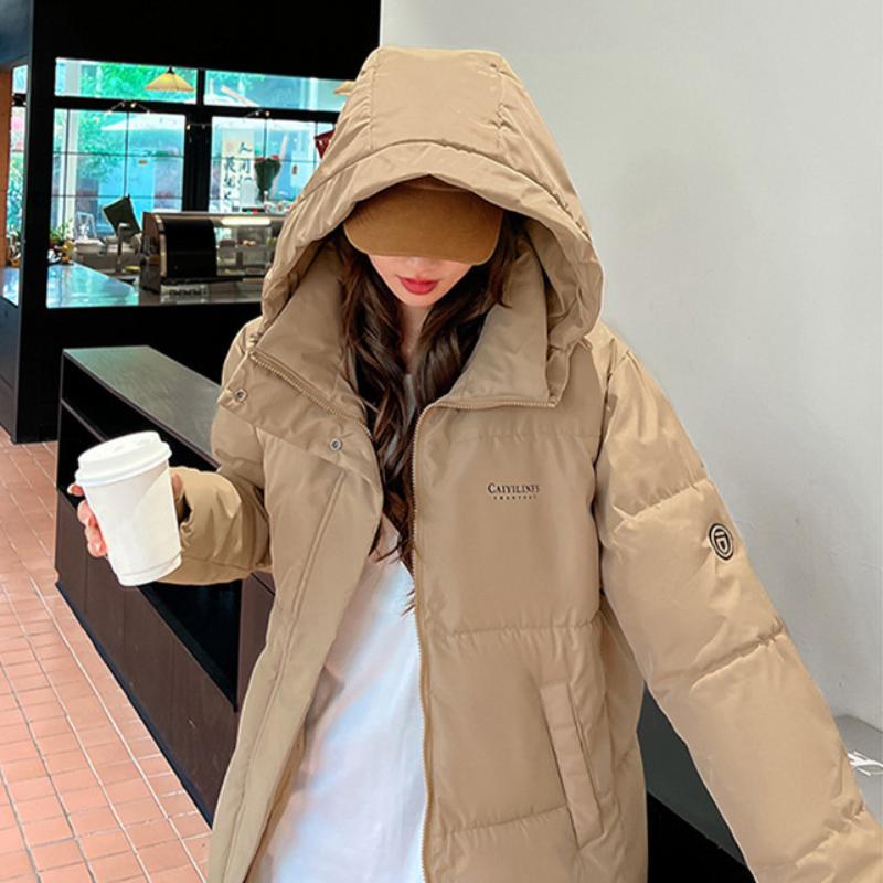 Women's Winter Mid-length Cotton-padded Jacket with Hood and Knee-length Loose Fit