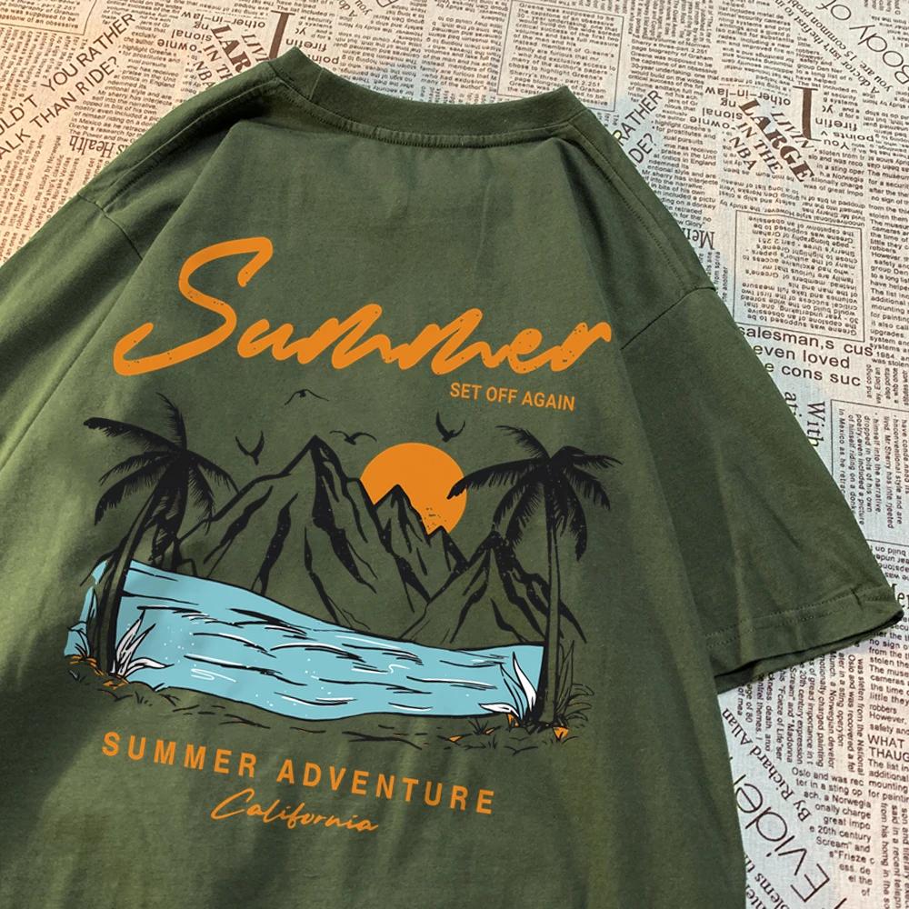 Letní dobrodružství Západ slunce Kokosová palma Horská scénická oblast Tričko Muži Ženy Hip Hop Bavlna Topy Pár Oversized Trička Pár