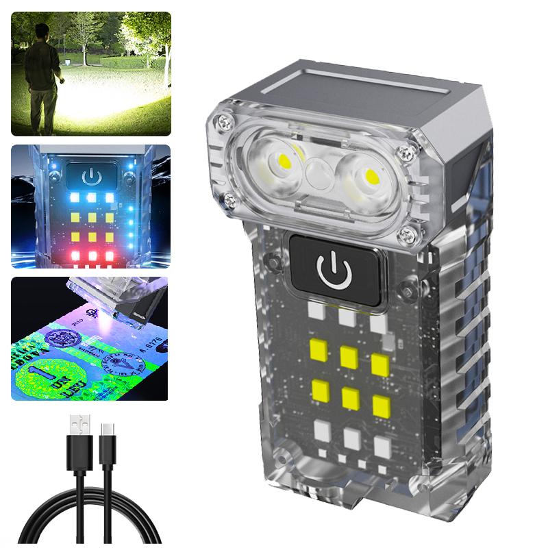 Mini Portable EDC Keychain Flashlight USB Rechargeable Work Emergency UV Detection Torch Bright Outdoor Camping Lantern