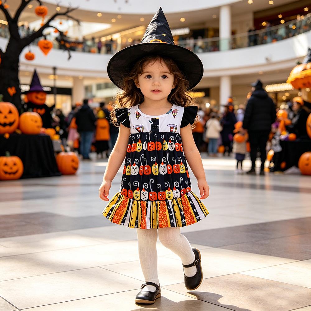Girls Pumpkin Print Dress Princess Sleeveless Summer Dress for Kids