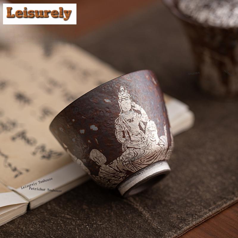 111ml Old Rock Mud Gilt Silver Dunhuang Teacup Ancient Tea Bowl Cute Cup Tea-tasting Meditation Cup Jianzhan Master Cups Cafes