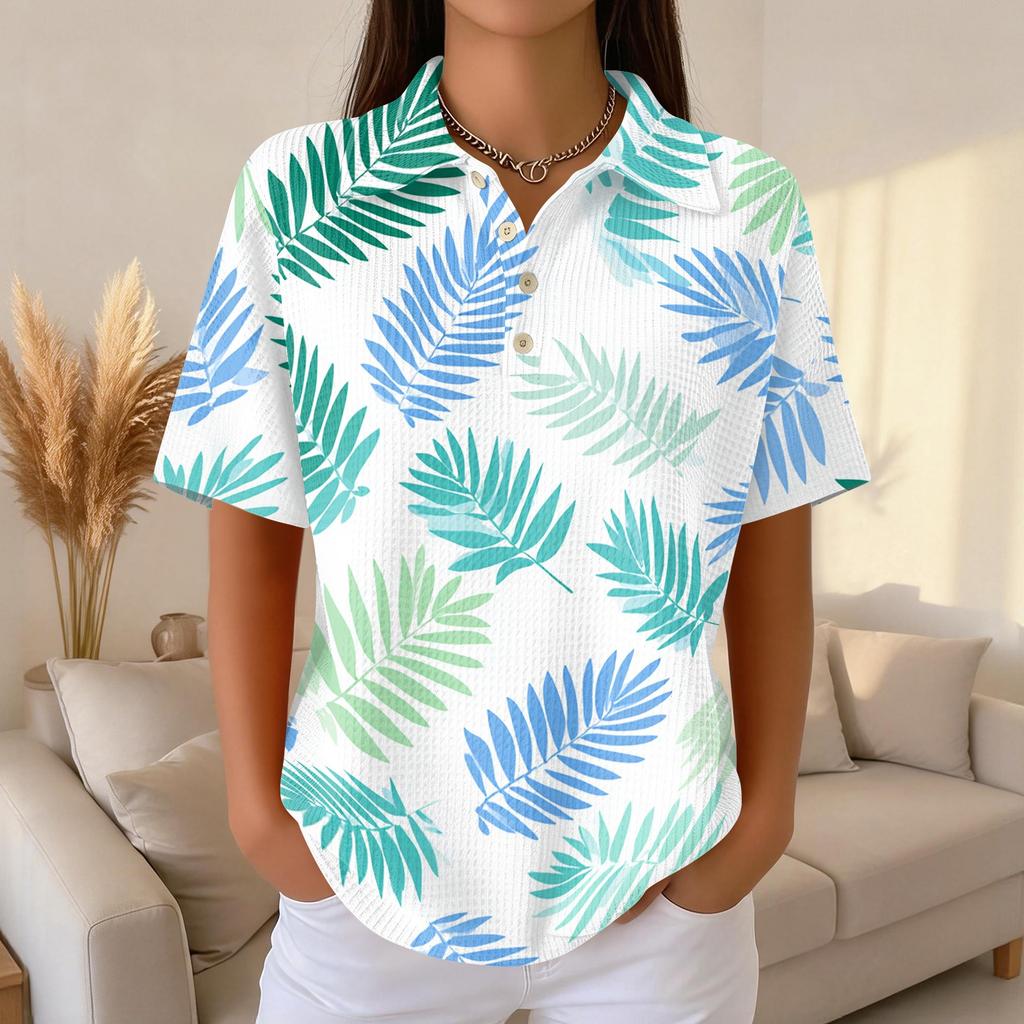Women Casual Short Sleeve Hawaiian Print Waffle Knit Polo Shirt Lightweight Breathable Summer Top with Button Down Collar