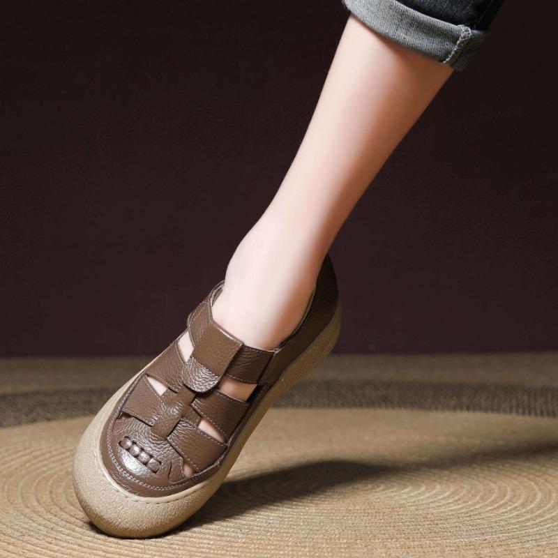 

Summer new first-layer cowhide woven hollow sandals soft sole lightweight thick-soled bag head women s shoes 41 хаки
