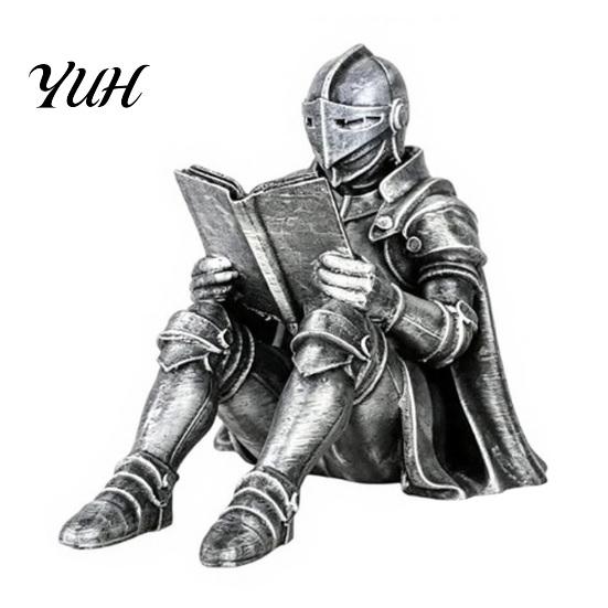 Creative Resin Statue Medieval Knight Book Nook Statue, 3D Printed Armored Reading Bookend Figurine, Retro Gothic Bookshelf Ornament for Study Office,