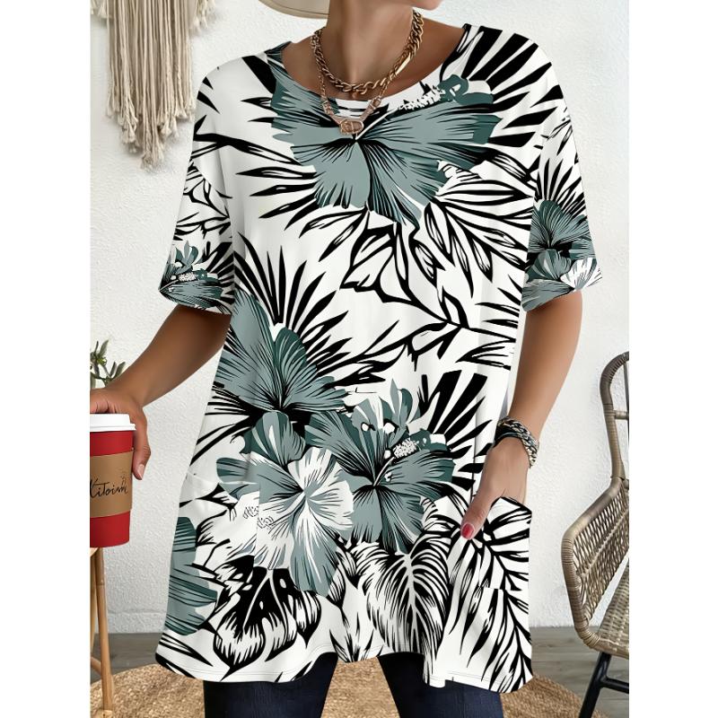 Ladies  oversized tropical floral printed T-shirt with pocket design, suitable for daily commuting 1XL