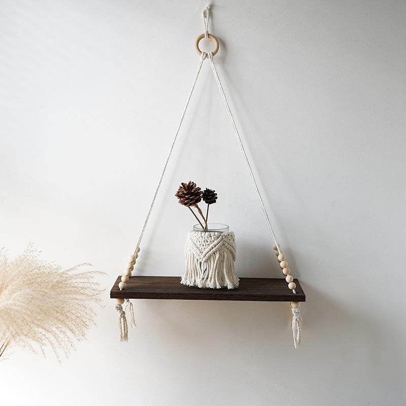 Handmade Tassel Macrame Tapestry Wall Hanging Shelf Boho Cotton Rope Woven Plant Hanger Wood Floating Shelf Wall Decoration