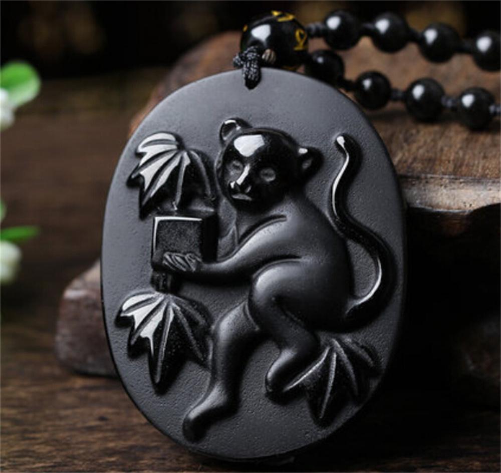 Naturalny Czarny Obsydian Rzeźbiony Chiński Starożytny Dwanaście Zwierząt Zodiaku Szczęśliwy Amulet Wisiorek Koraliki Naszyjnik Modny Prezent Biżuteria