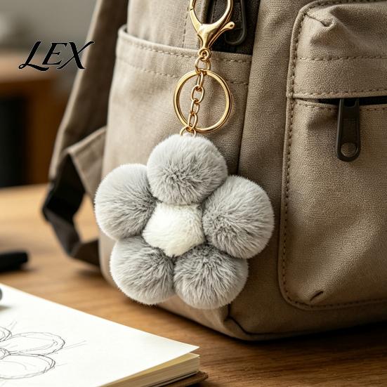 Women Bag Charm Plush Flower Keychain for Handbags, Five-petal Charm, Fluffy Backpack Hanging Accessory Soft