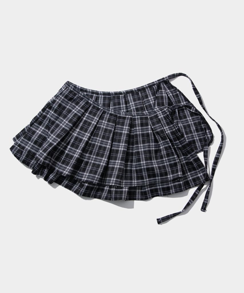 Some Place [Larajin X Some] Frill Check Layered Cotton Wrap Short Pleated Skirt [Black]