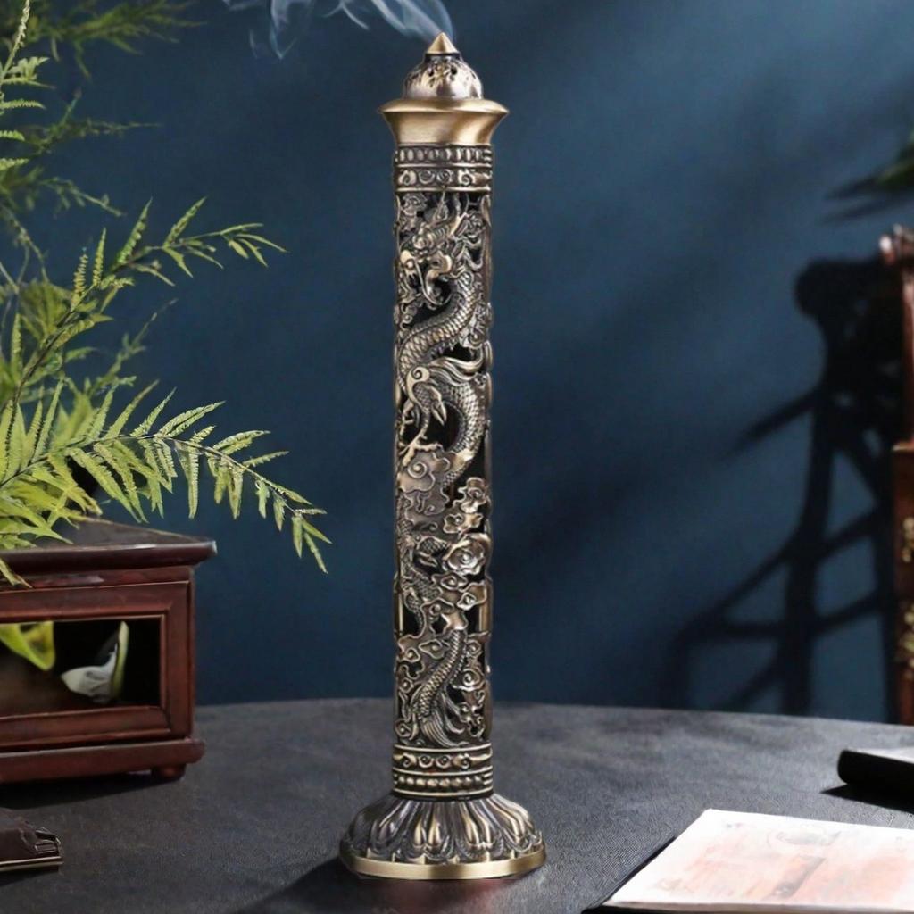Vintage Vertical Incense Holder Dragon and Phoenix Pillar for Home Office, Celebration Decor, Room Decor,Furniture,New Year Gift