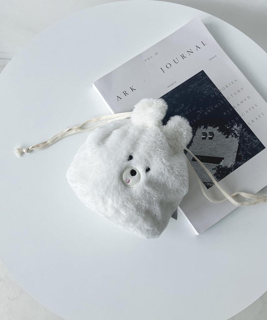 AS KNOW AS plus ASKNOWASPLUS Soufflé Animal Drawstring Pouch, Off-White, Fluffy, Cute, Animal Design